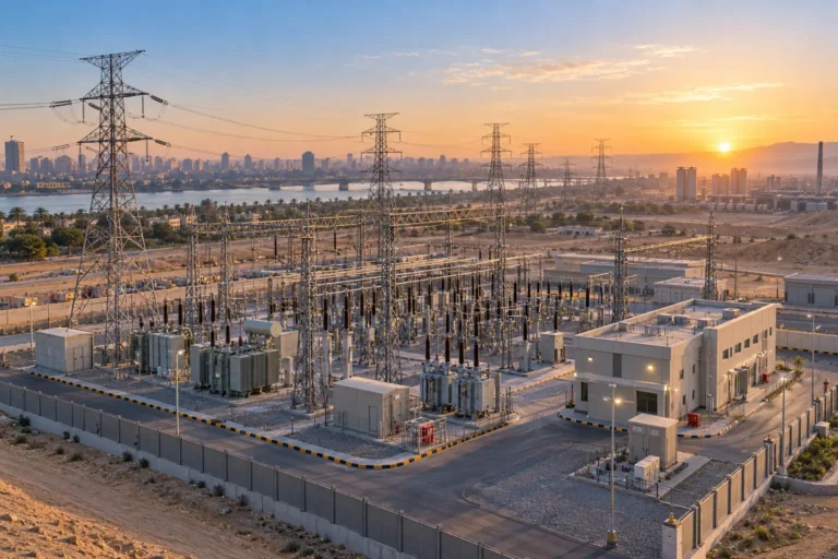 Modern power substation and transmission network in Egypt at sunrise