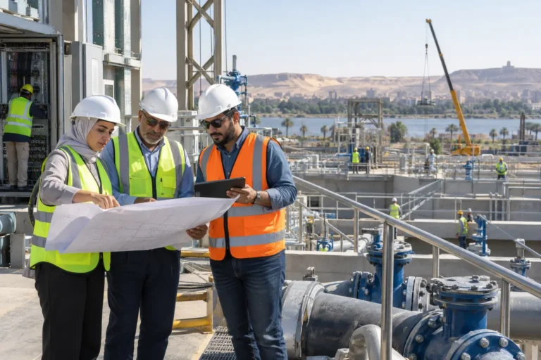 Distinct multidisciplinary engineers reviewing coordinated plans at an infrastructure project in Egypt