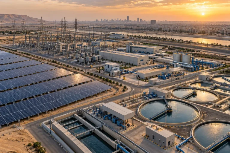 Integrated solar, power, water treatment and industrial infrastructure in Egypt at sunset