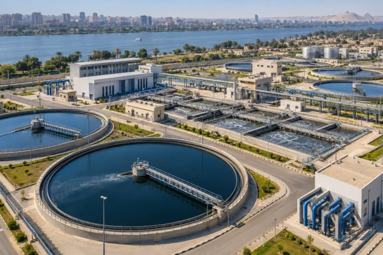Modern water and wastewater treatment facility with clarifiers and pumping systems in Egypt